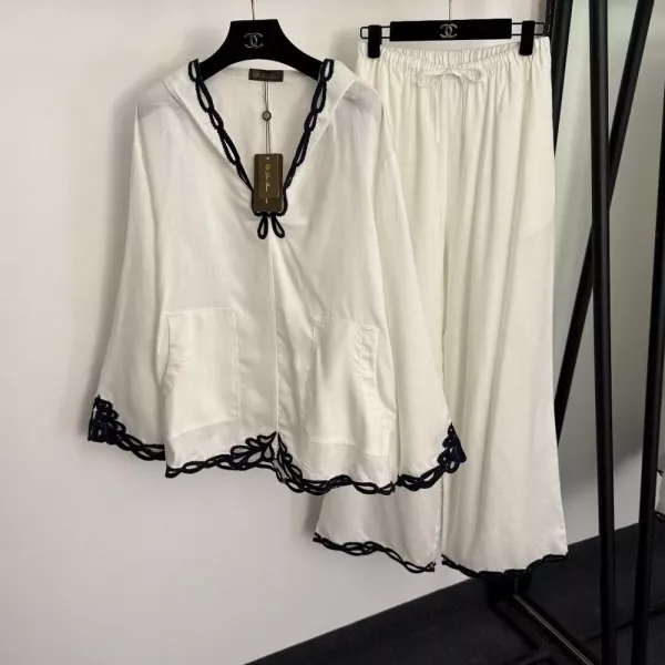 로로피아나 배색 레이스 브이넥 후드 린넨 세트