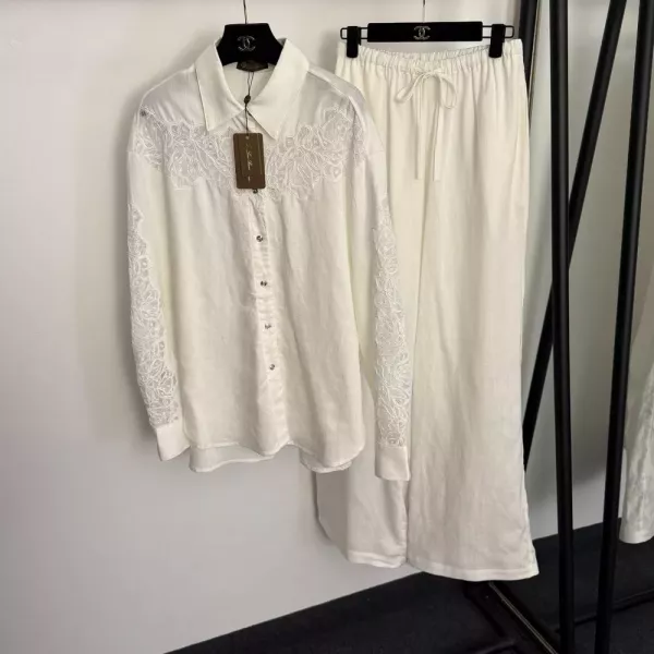 로로피아나 레이스 자수 시스루 배색 린넨 셔츠 팬츠 세트