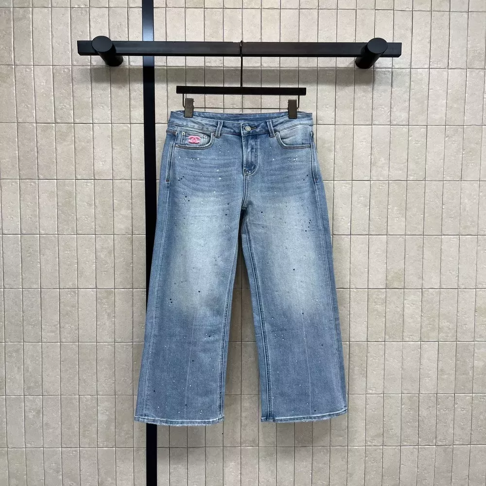 샤넬 자수 로고 와이드 데님 팬츠