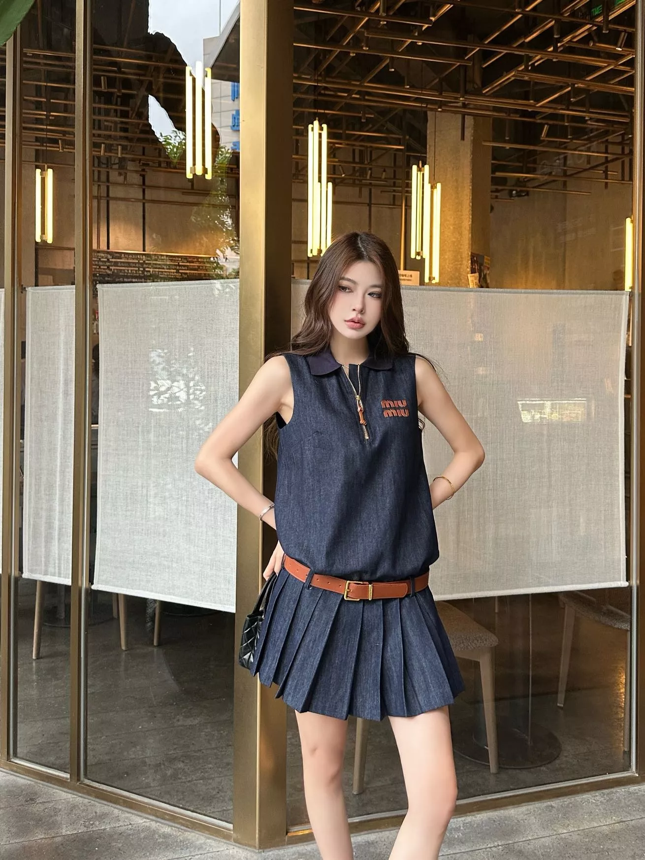 미우미우 데님 민소매 플리츠 원피스 상세 이미지 15
