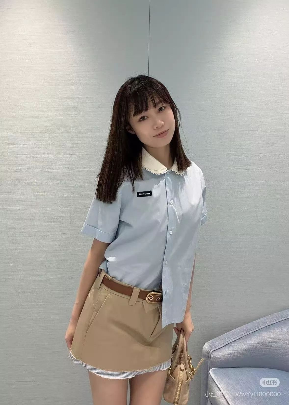 미우미우 블루 퍼프 카라 반소매 셔츠 상세 이미지 18
