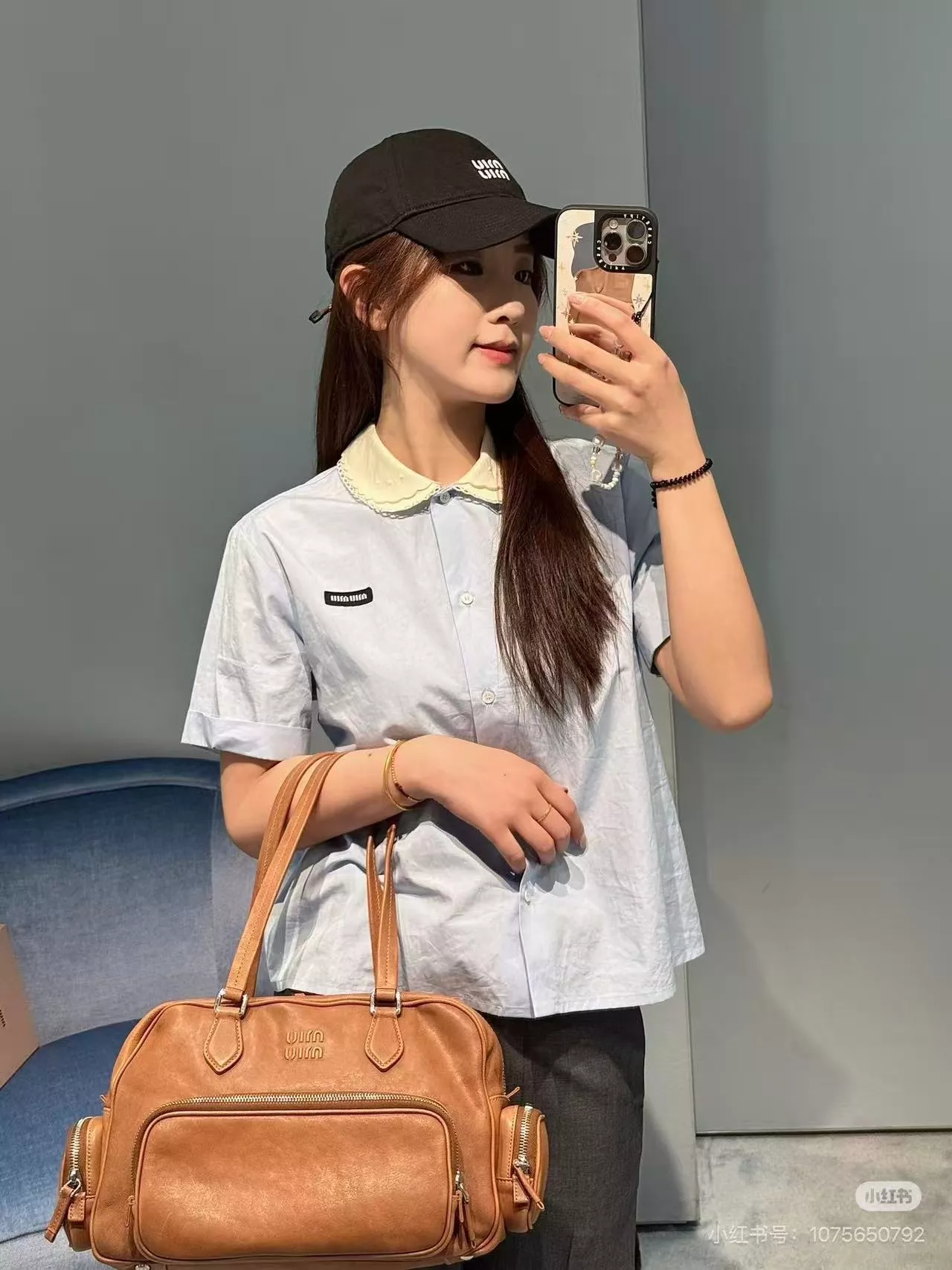 미우미우 블루 퍼프 카라 반소매 셔츠 상세 이미지 16
