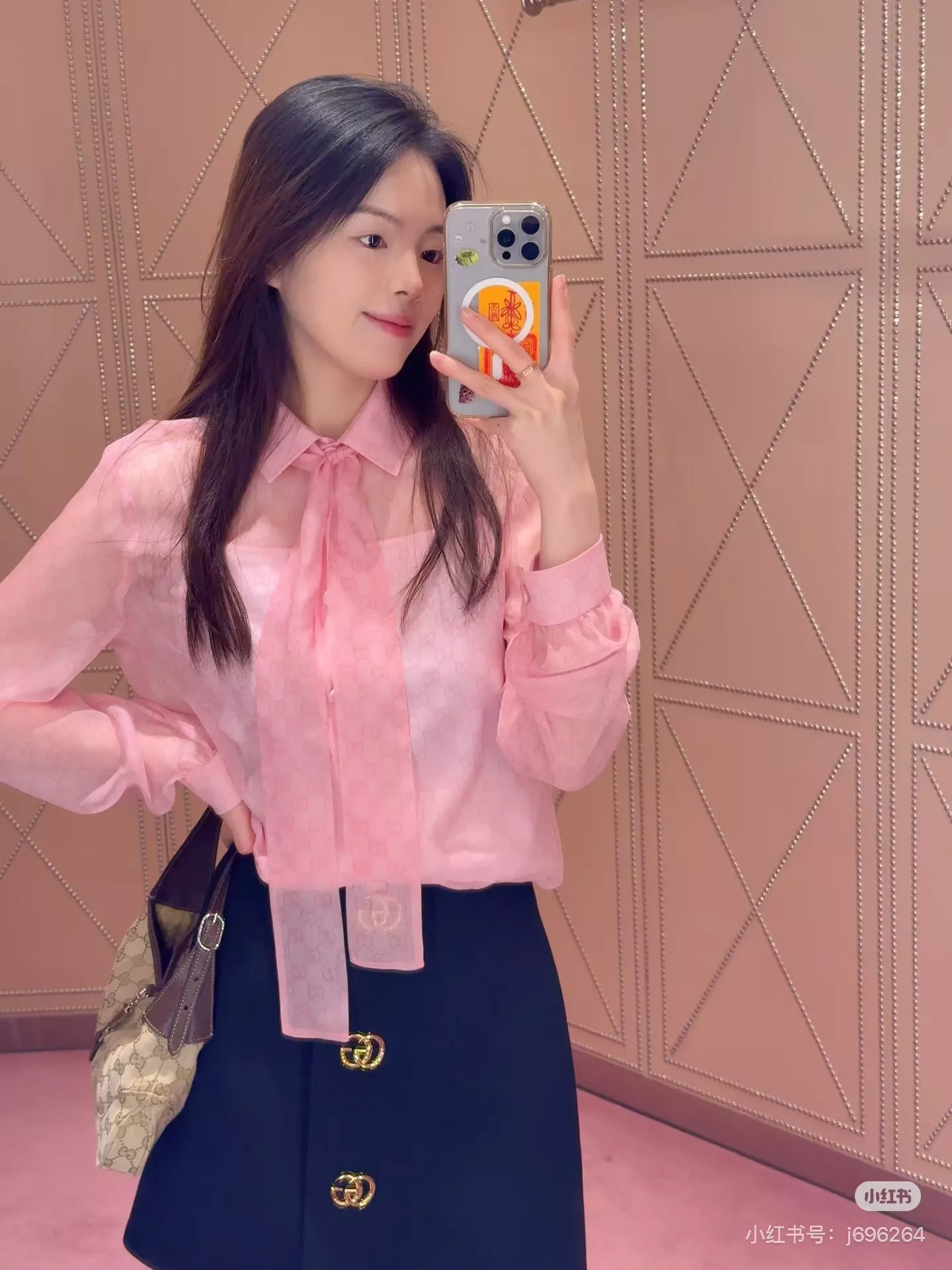 구찌 핑크 자카드 리본 셔츠 투피스 상세 이미지 19