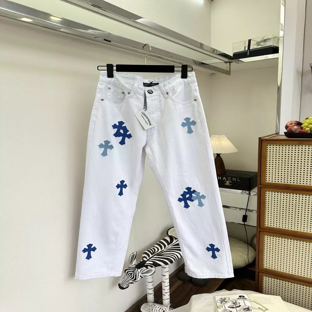 크롬하츠 크로스 패치 화이트 데님 팬츠