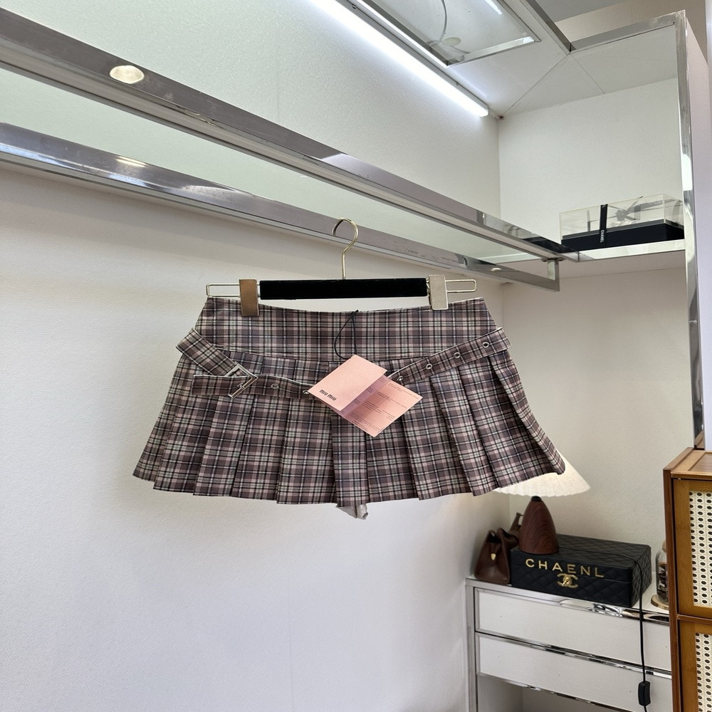 미우미우 체크 플리츠 레더 스커트