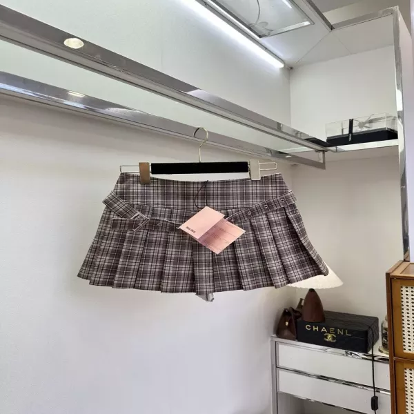 미우미우 체크 플리츠 레더 스커트