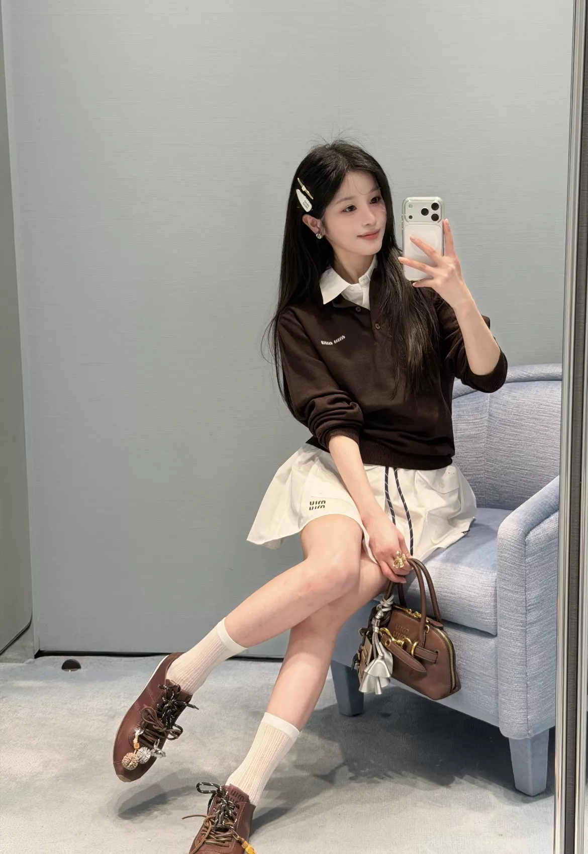 미우미우 로고 자수 코튼 공방 미니 스커트 상세 이미지 22