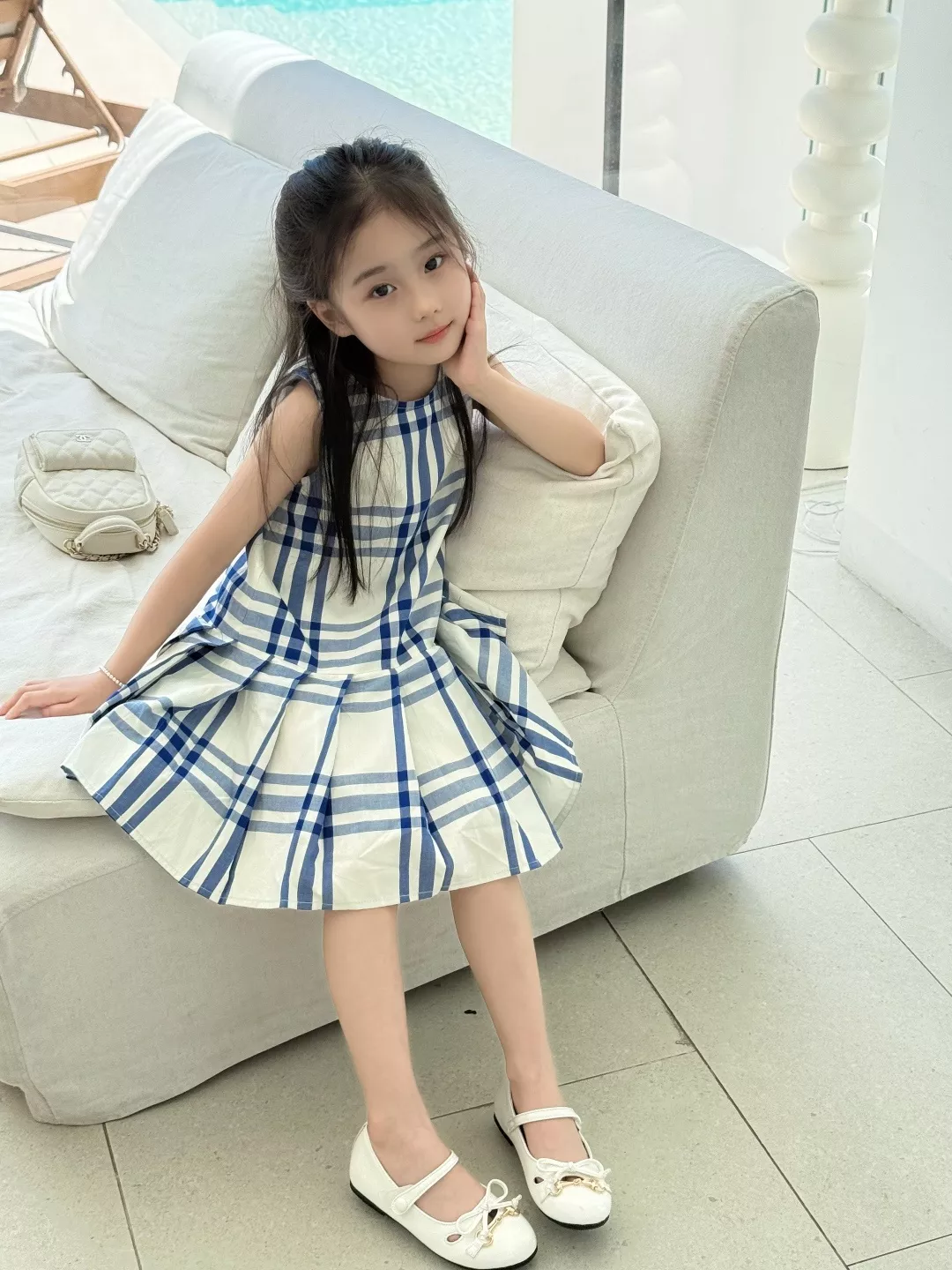 버버리 블루 체크 자카드 민소매 원피스 상세 이미지 15