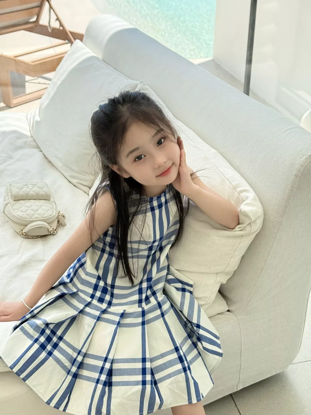 버버리 블루 체크 자카드 민소매 원피스 상세 이미지 10