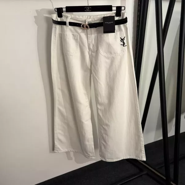 생로랑 로고 자수 하이웨이스트 와이드 데님 팬츠