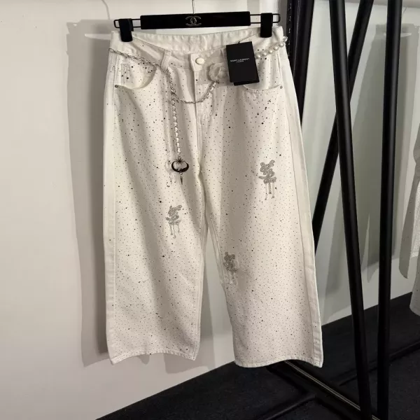 생로랑 까멜리아 진주 체인 장식 데님 팬츠