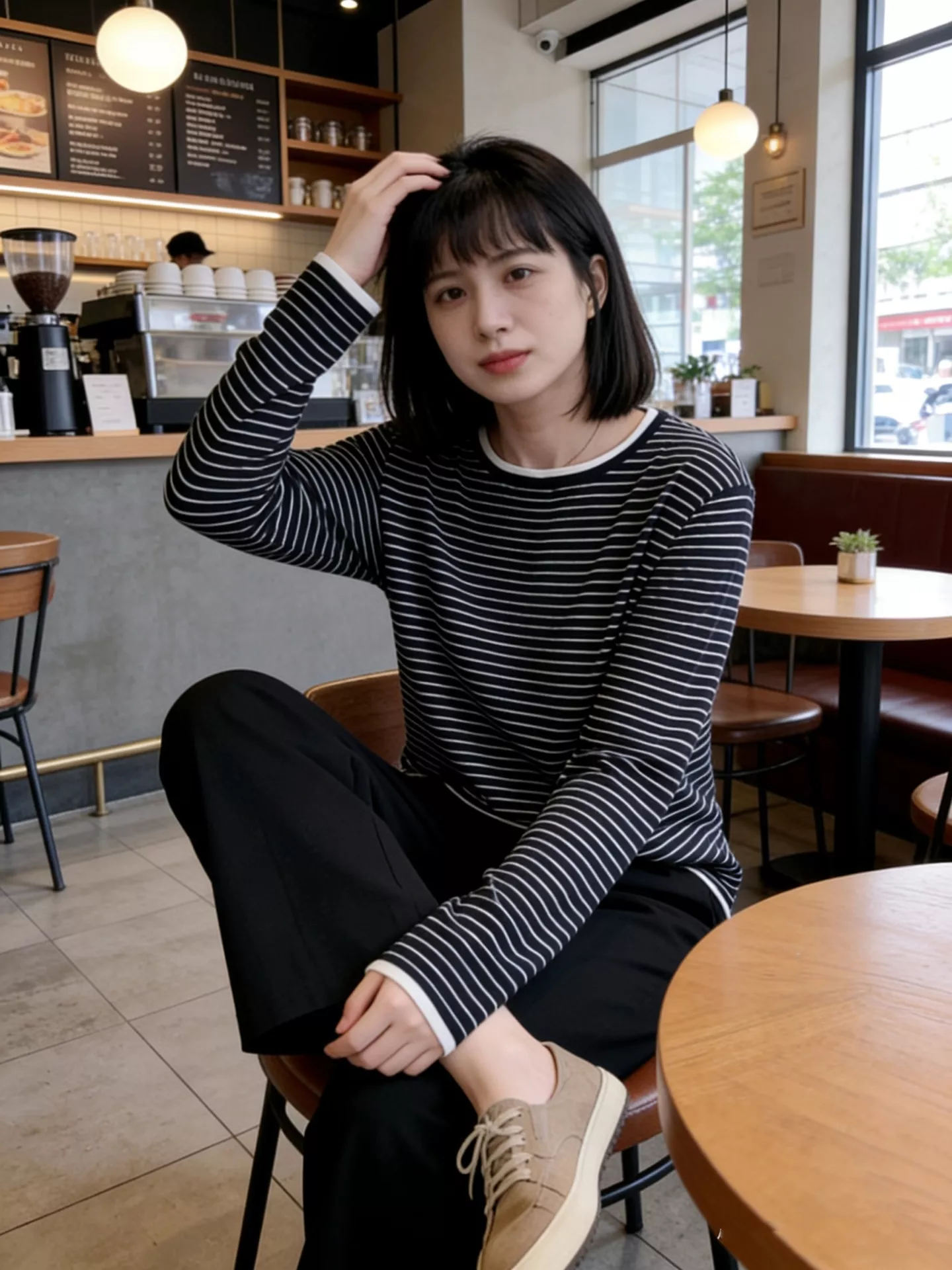 노브랜드 스트라이프 라운드넥 니트 탑 상세 이미지 23