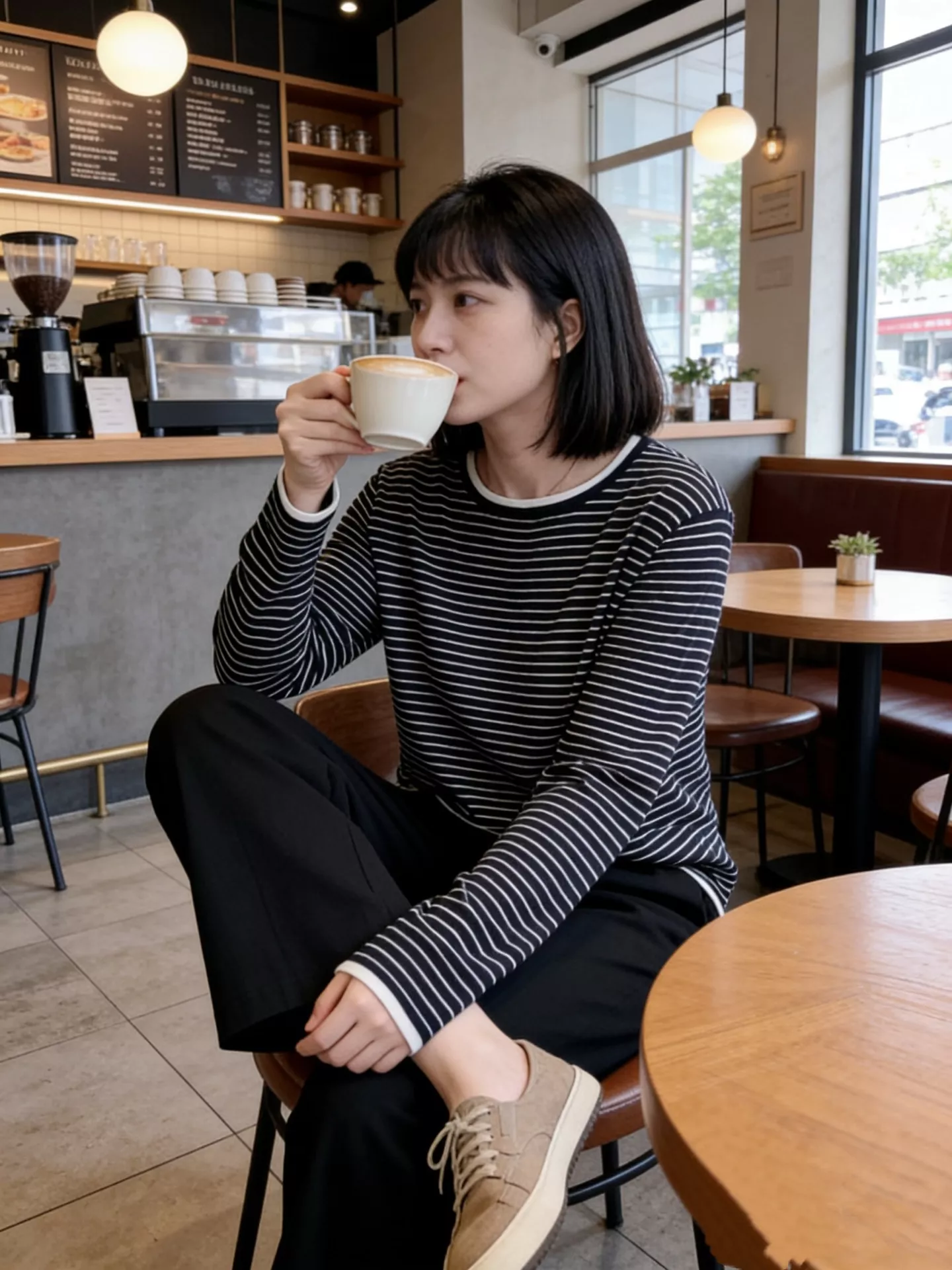 노브랜드 스트라이프 라운드넥 니트 탑 상세 이미지 21