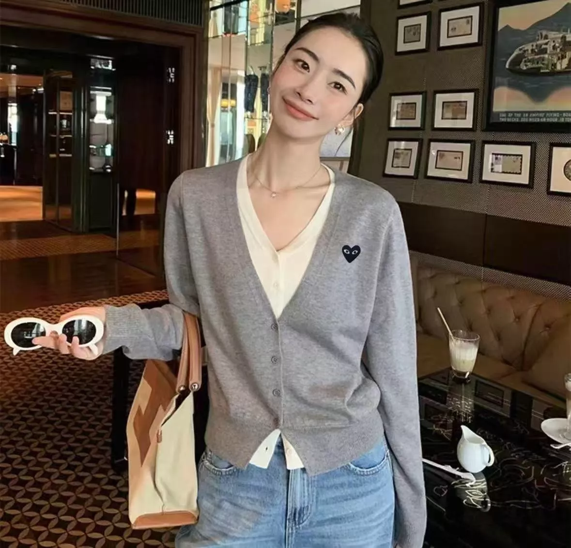 꼼데가르송 하트 자수 배색 레이어드 브이넥 니트 가디건 상세 이미지 36