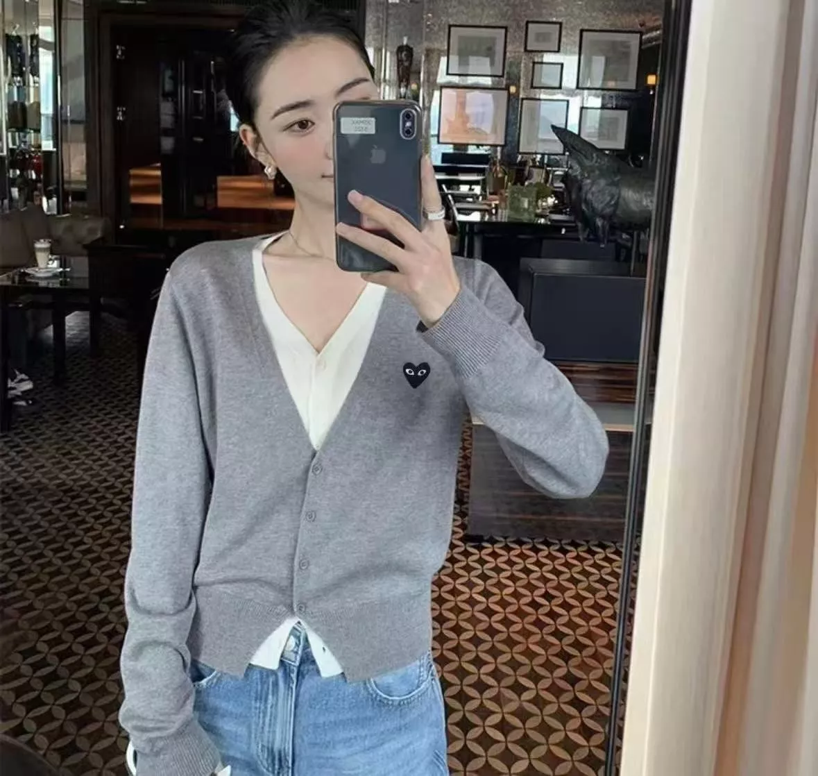꼼데가르송 하트 자수 배색 레이어드 브이넥 니트 가디건 상세 이미지 29