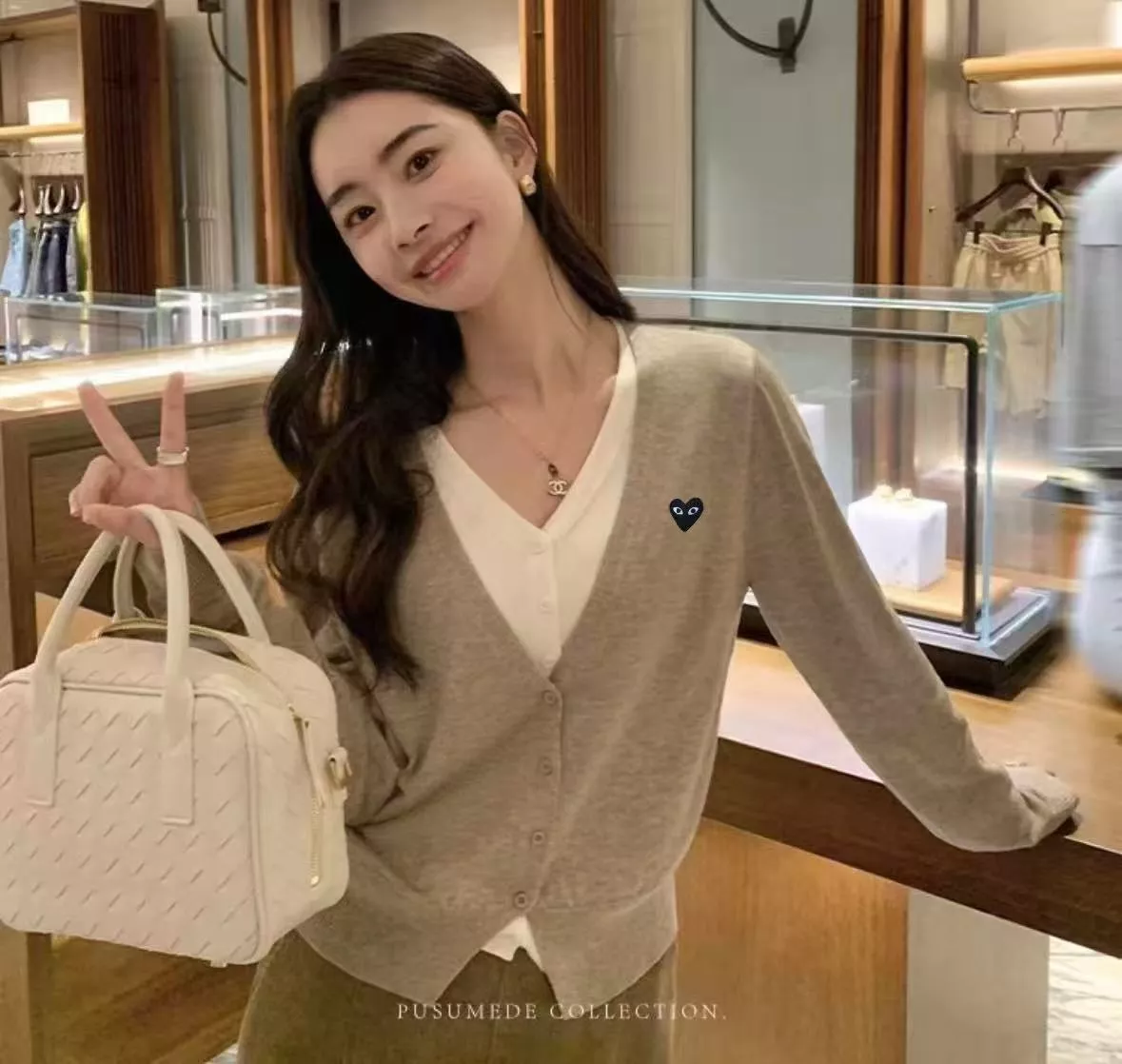꼼데가르송 하트 자수 배색 레이어드 브이넥 니트 가디건 상세 이미지 30