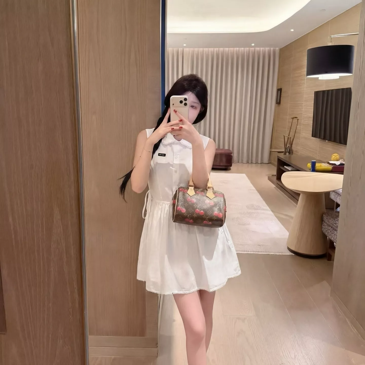 미우미우 민소매 인형카라 허리 스트링 원피스 상세 이미지 22