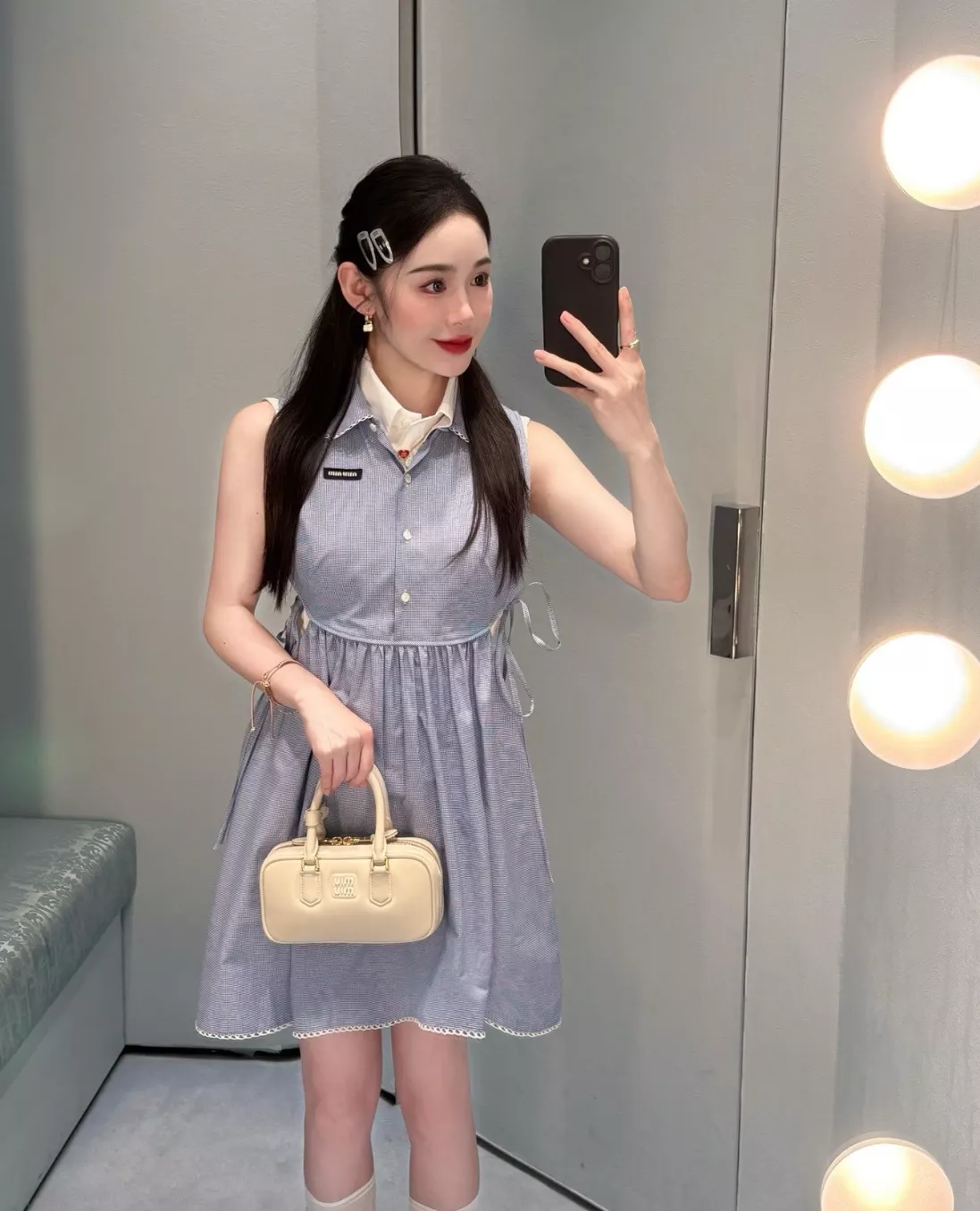 미우미우 민소매 인형카라 허리 스트링 원피스 상세 이미지 21