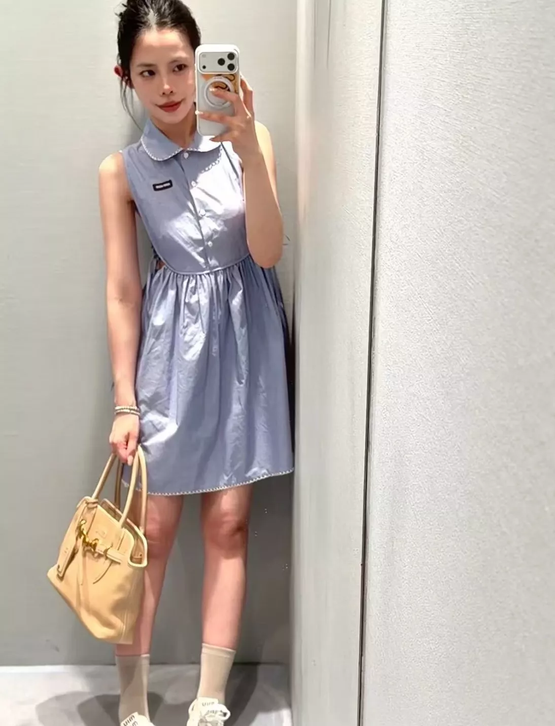 미우미우 민소매 인형카라 허리 스트링 원피스 상세 이미지 26