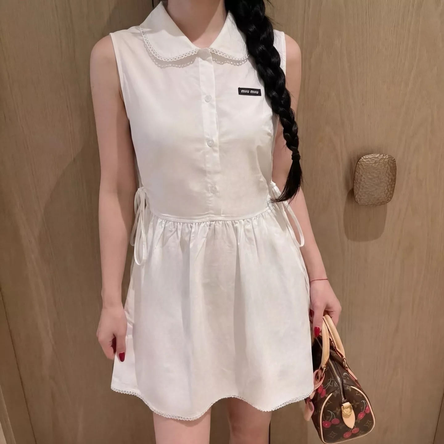 미우미우 민소매 인형카라 허리 스트링 원피스 상세 이미지 24