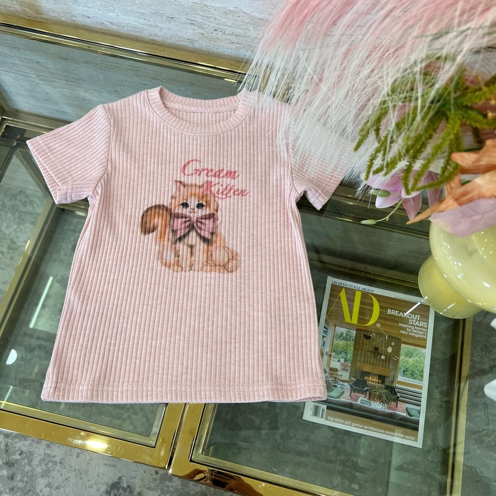 노브랜드 고양이 프린트 골지 반팔 티셔츠