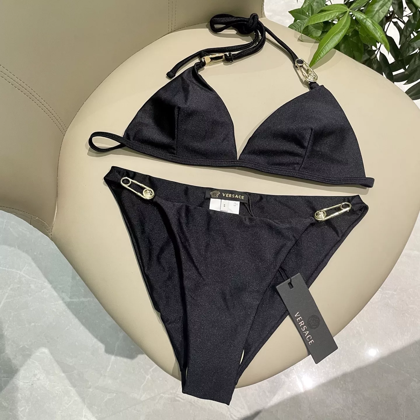 베르사체 여성용 블랙 홀터 비키니 수영복 상세 이미지 11