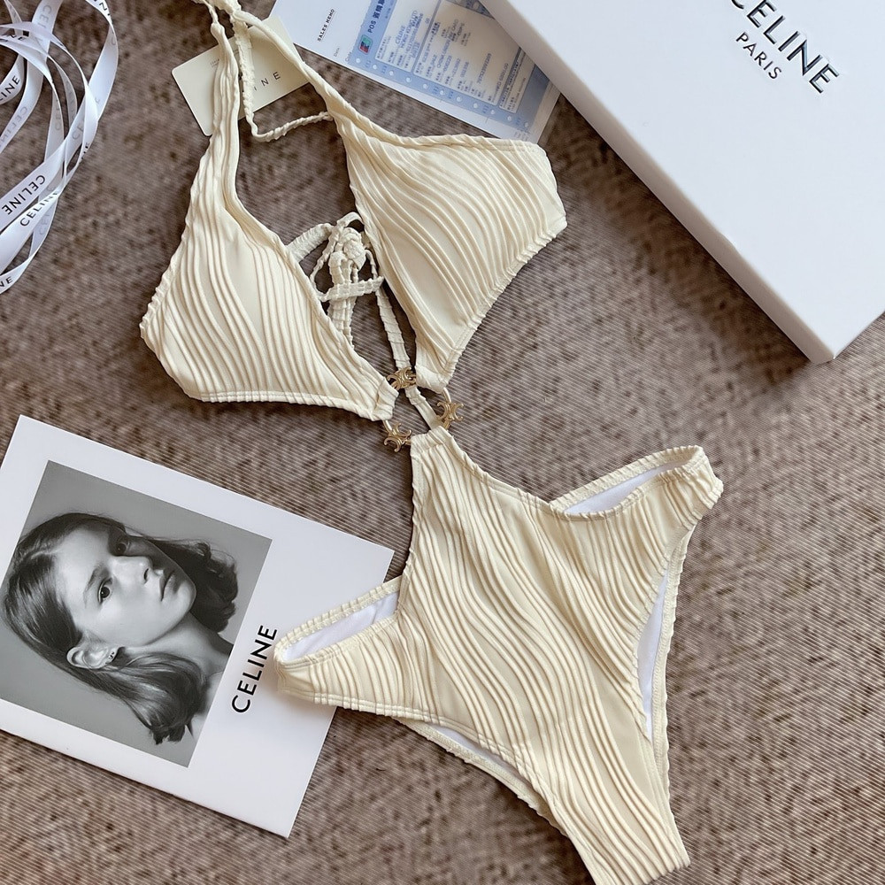 셀린느 플리츠 컷아웃 홀터 수영복