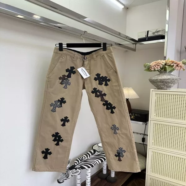 크롬하츠 크로스 패치 카키 스트레이트 팬츠