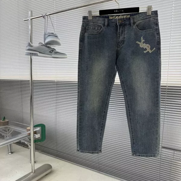 생로랑 자수 포인트 스트레이트 데님 팬츠