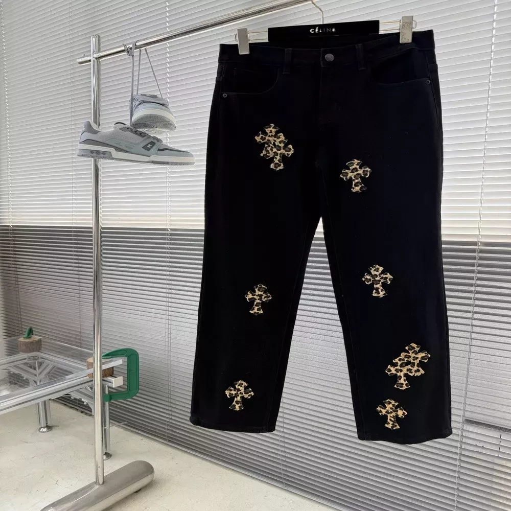 크롬하츠 레오파드 크로스 패치 데님 팬츠