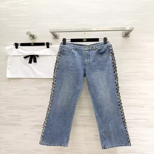 샤넬 사이드 트위드 배색 스트레이트 데님 팬츠