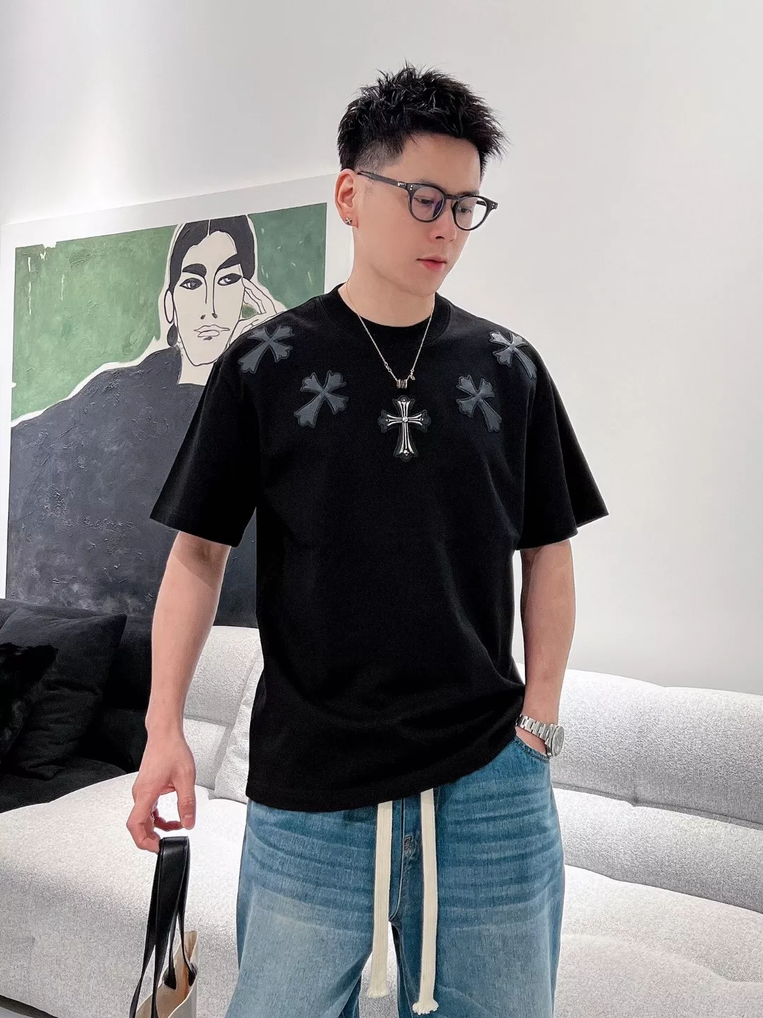 크롬하츠 십자 패치 자수 반팔 티셔츠 상세 이미지 15