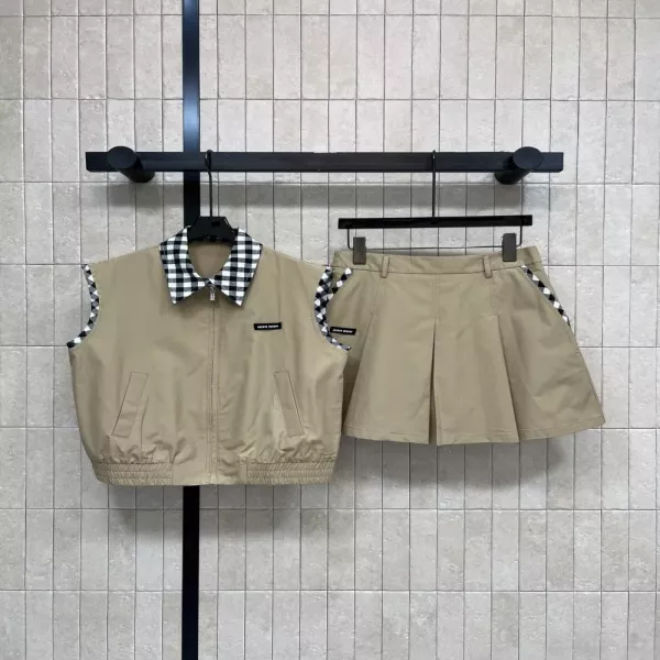미우미우 체크 카라 베스트 플리츠 스커트 세트