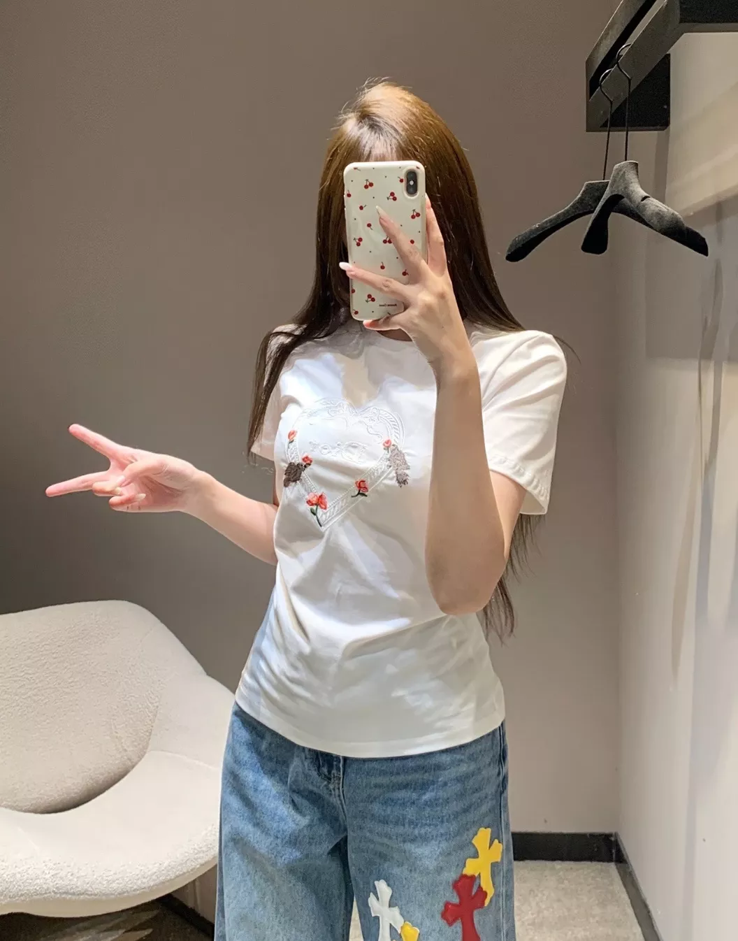 디올 하트 플라워 버드 자수 반소매 탑 상세 이미지 27