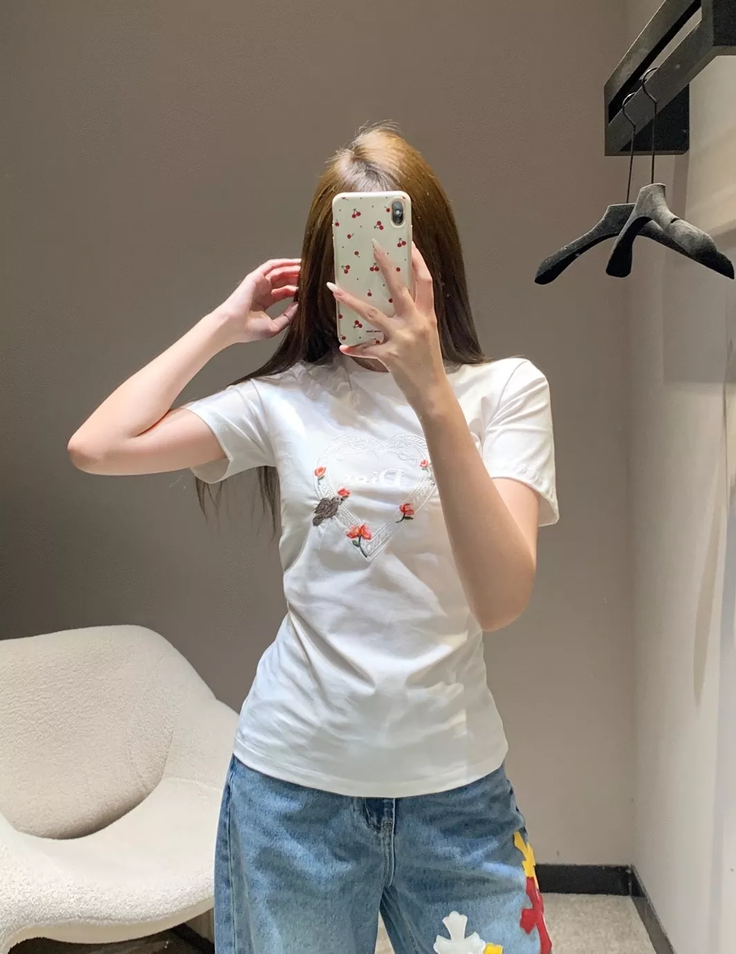 디올 하트 플라워 버드 자수 반소매 탑 상세 이미지 26