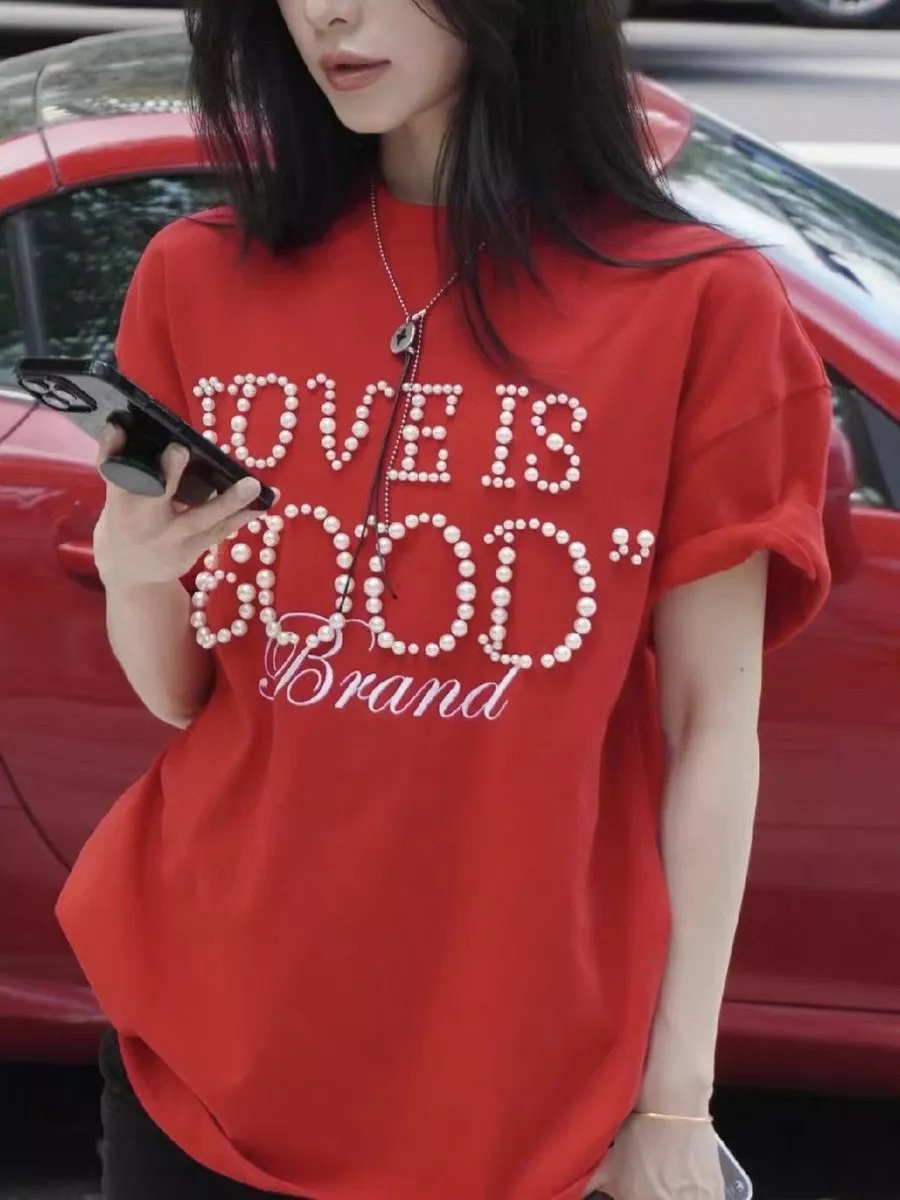 굿브랜드 진주 자수 레터링 반소매 티셔츠 상세 이미지 12
