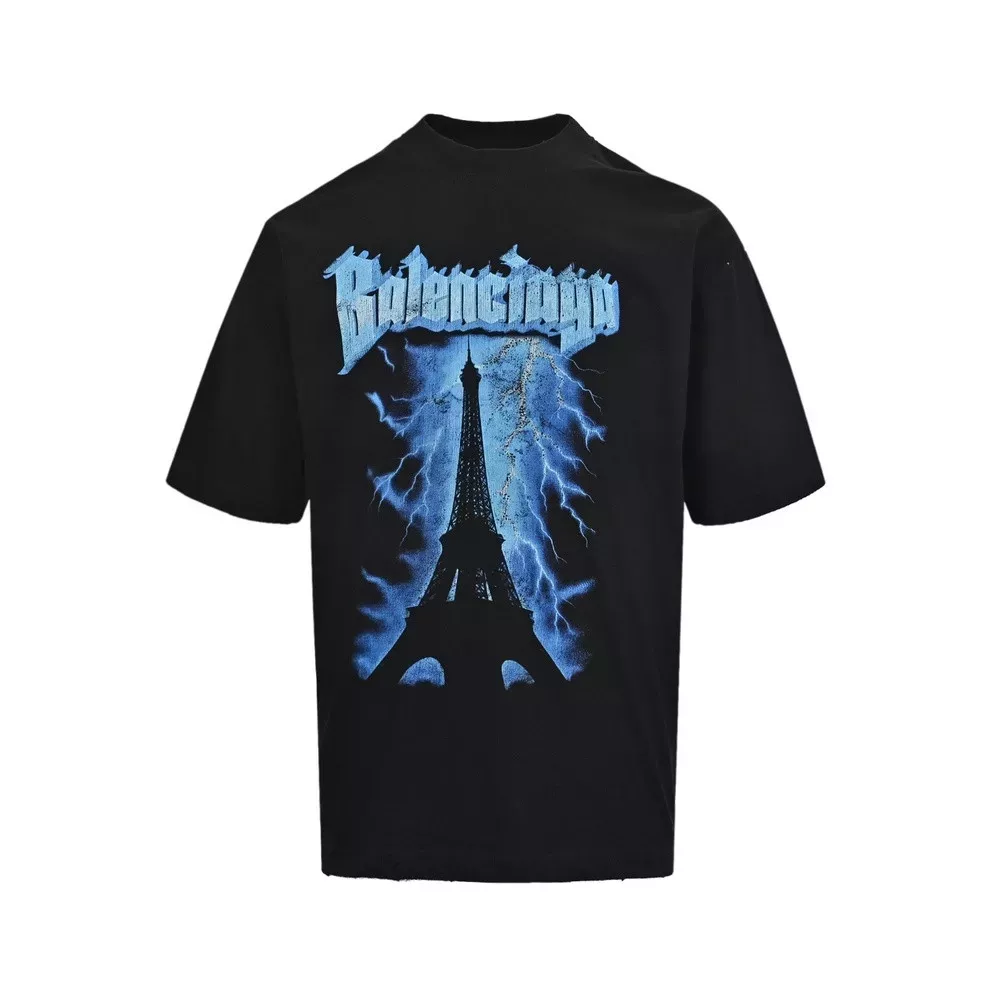 발렌시아가 철탑 프린트 워싱 반소매