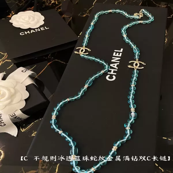 샤넬 불규칙 블루 비즈 더블씨 롱체인