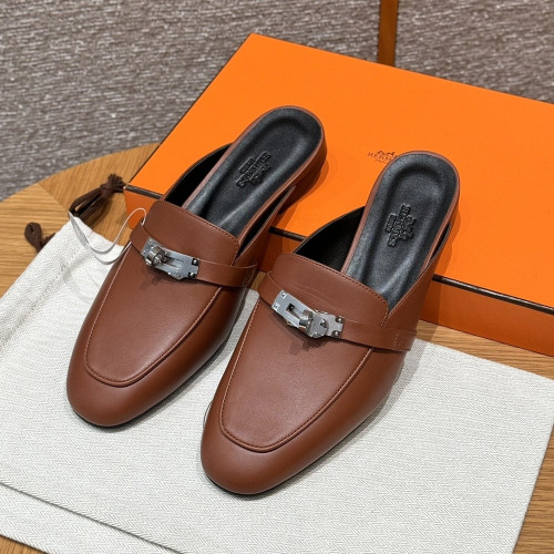 에르메스 실버 버클 장식 가죽 뮬