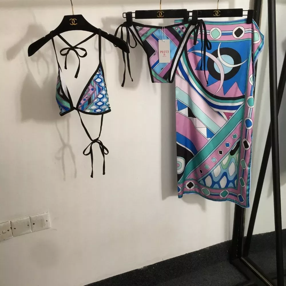 푸치 프린팅 비키니 스리피스 수영복 세트