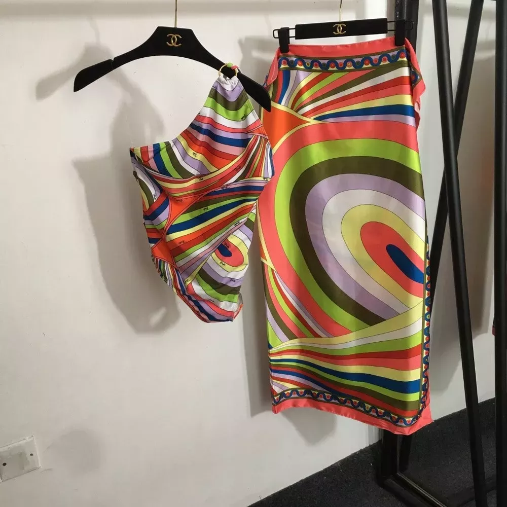 푸치 스트라이프 배색 원숄더 수영복 세트