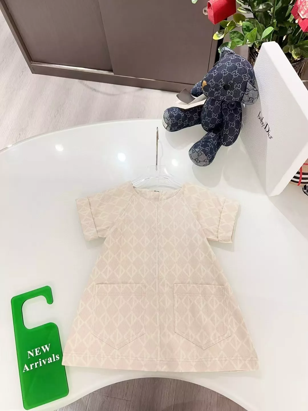 디올 아동 핑크 자카드 반소매 원피스 상세 이미지 1