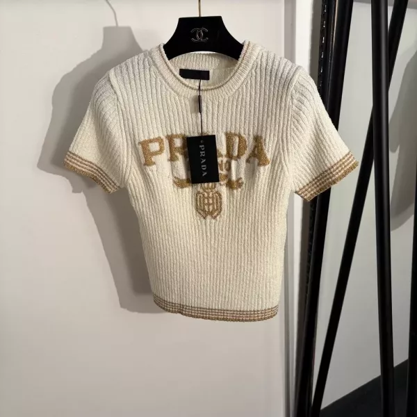프라다 로고 자카드 슬림 반소매 니트