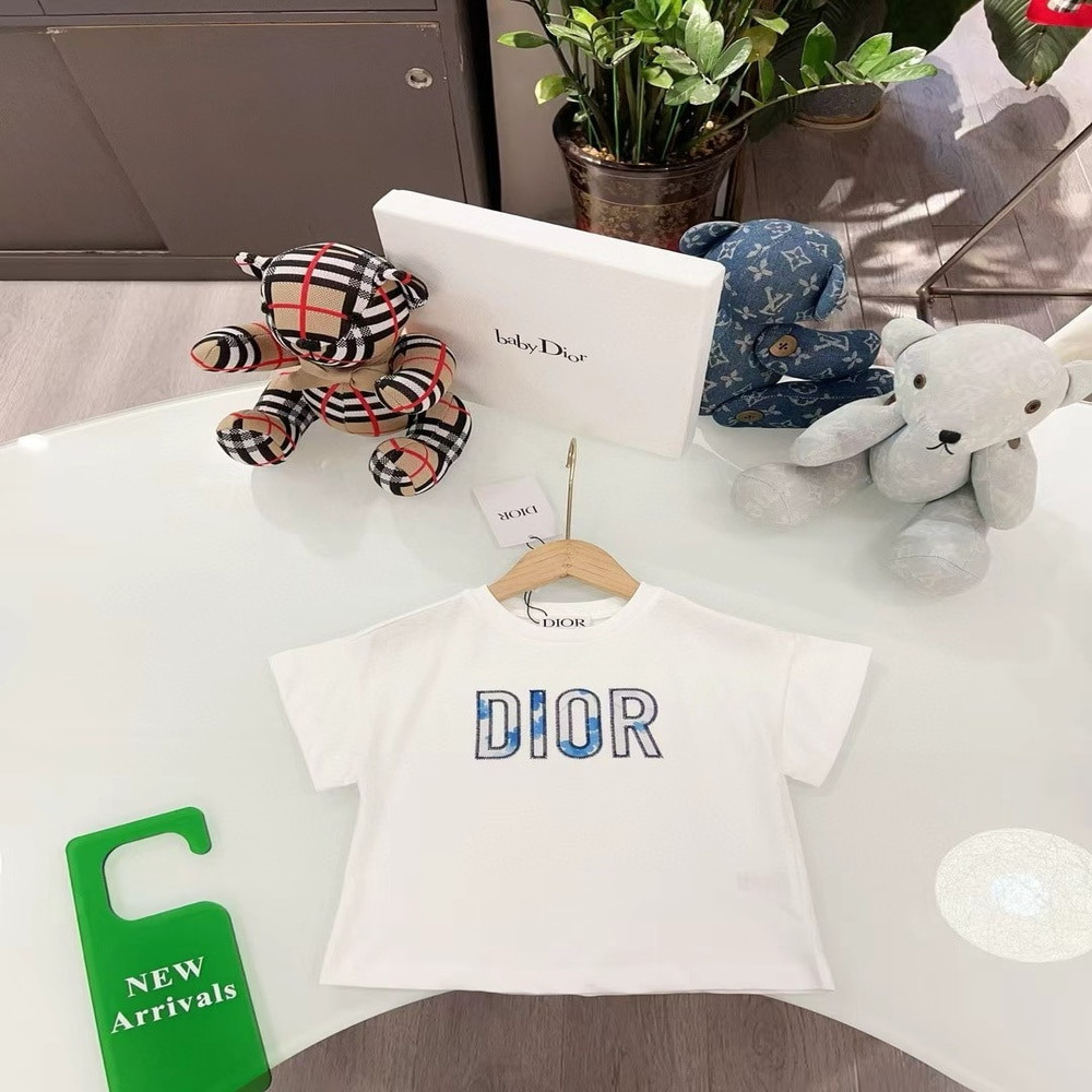 디올 블루 자수 로고 코튼 반소매 티셔츠