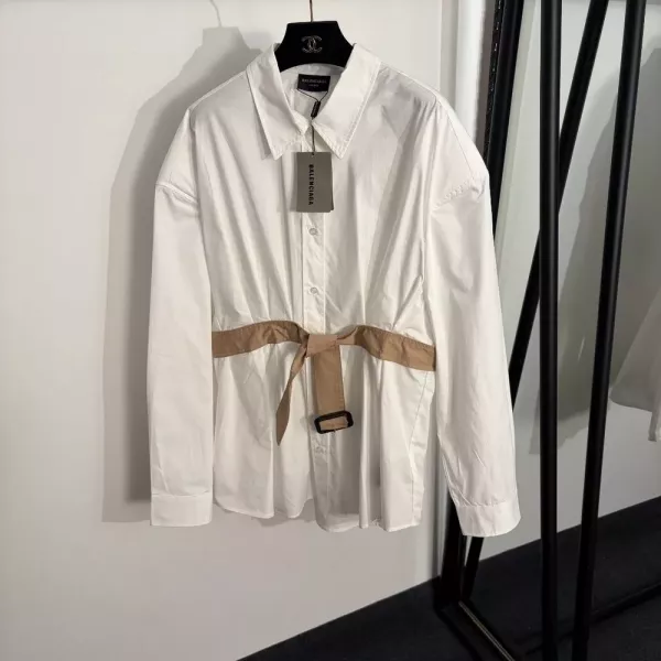 발렌시아가 배색 벨트 패드숄더 셔츠
