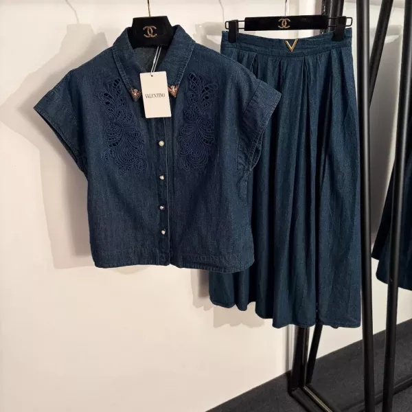 발렌티노 레이스 자수 데님 상의 스커트 세트