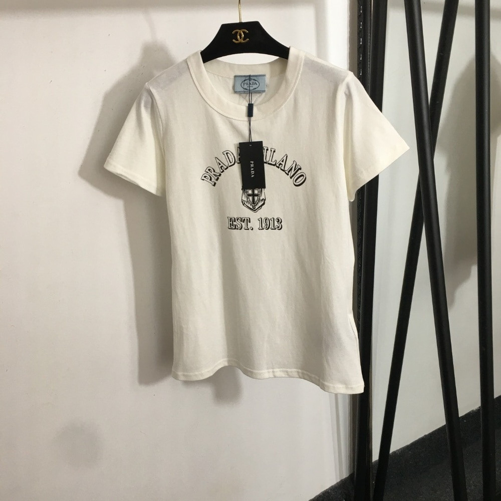 프라다 로고 레터링 프린트 슬림 반소매 탑