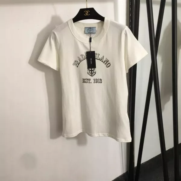 프라다 로고 레터링 프린트 슬림 반소매 탑