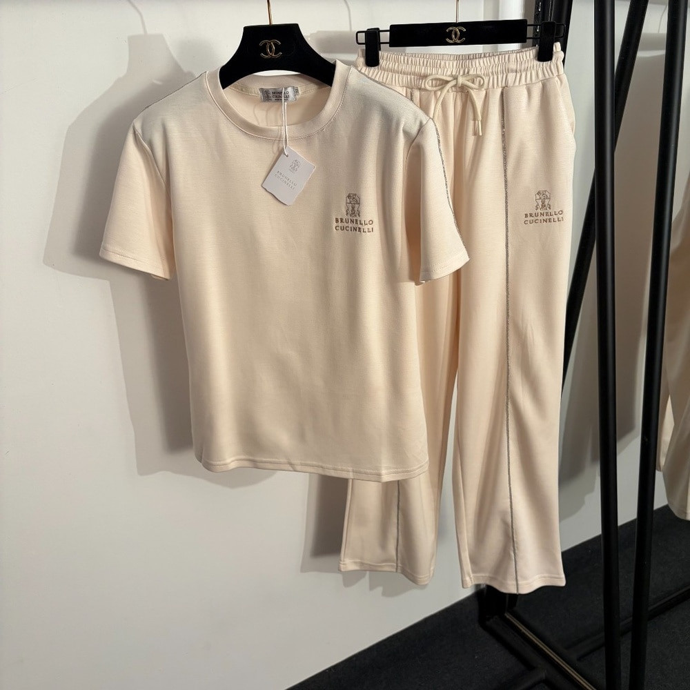 브루넬로쿠치넬리 레터 자수 반소매 티셔츠 팬츠 세트