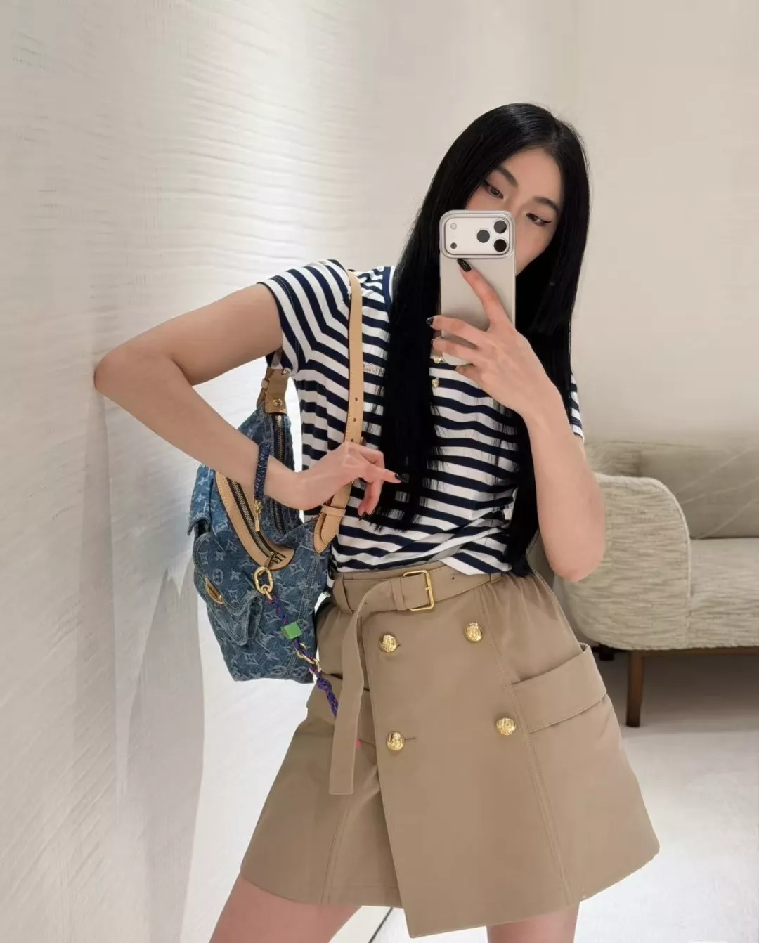 루이비통 카키 벨트 포인트 A라인 스커트 상세 이미지 9